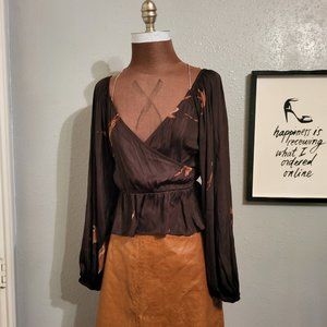 Grade & Gather Wisp Print Aubergine Satin Peplum Top